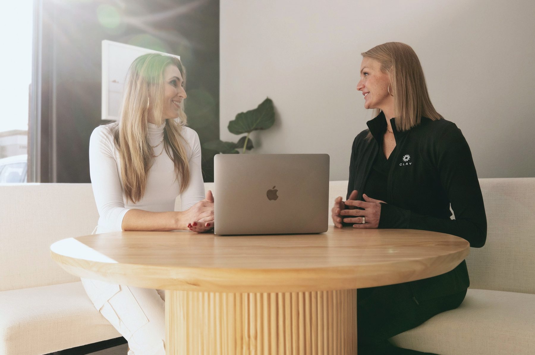 A member and a team member talking at a round table with a laptop.