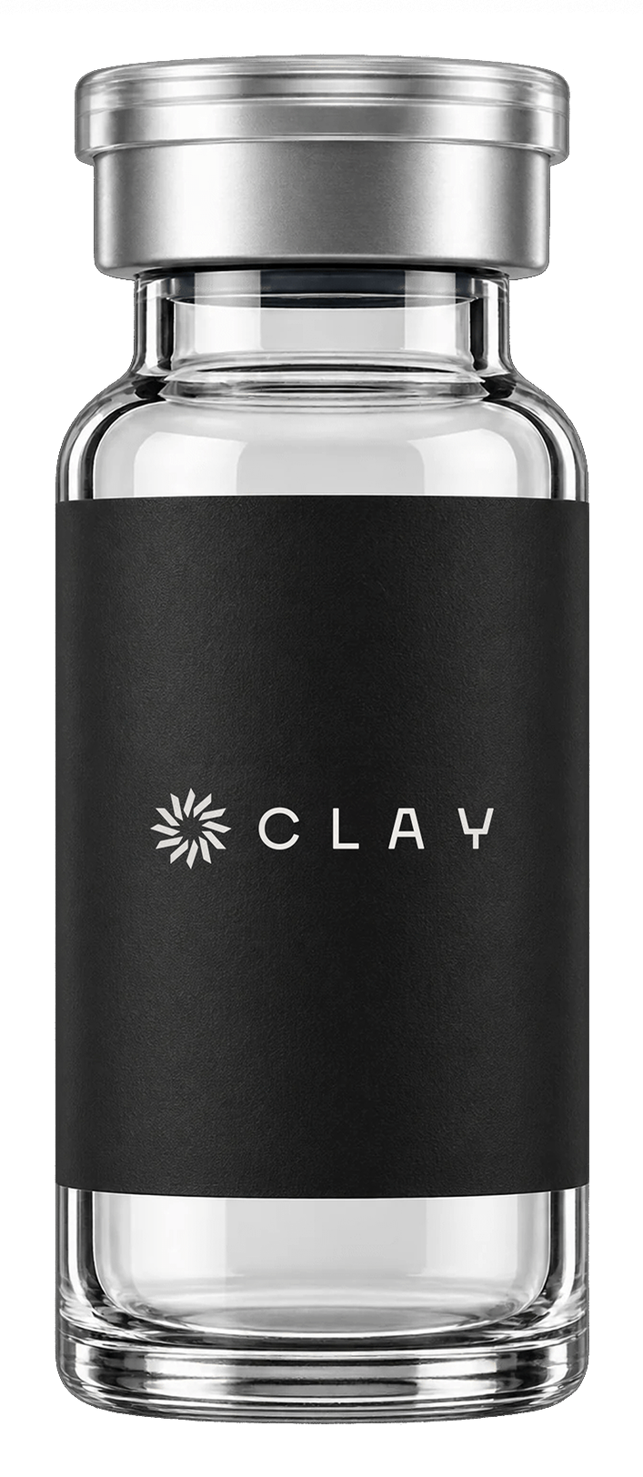 A Clay vial with a black label and the Clay logo.